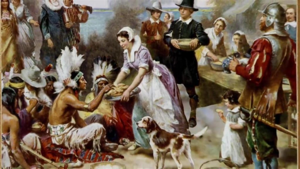 According to an article written by Native," this picture is a lie.  There was no friendly gathering between the native American and the white settlers.  America's First Thanksgiving is a lie.